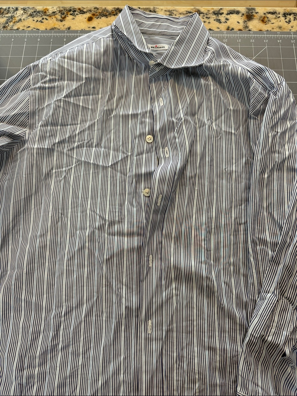 KITON Navy Blue, Light Blue and White Stripe Dress Shirt - Classic Button-Down